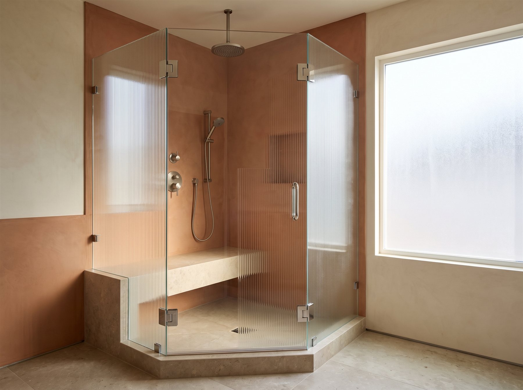 Corner neo-angle shower enclosure in reeded fluted glass with polished chrome clamps