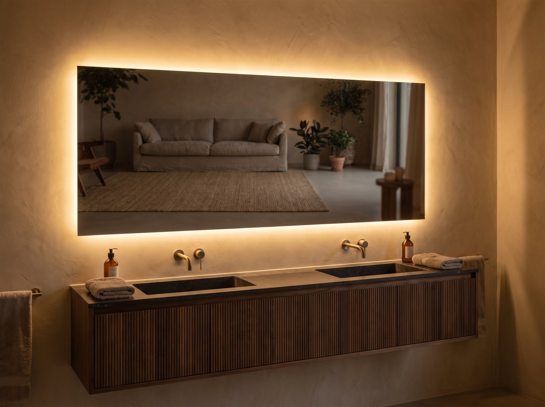 Large frameless backlit LED mirror above a floating walnut double vanity