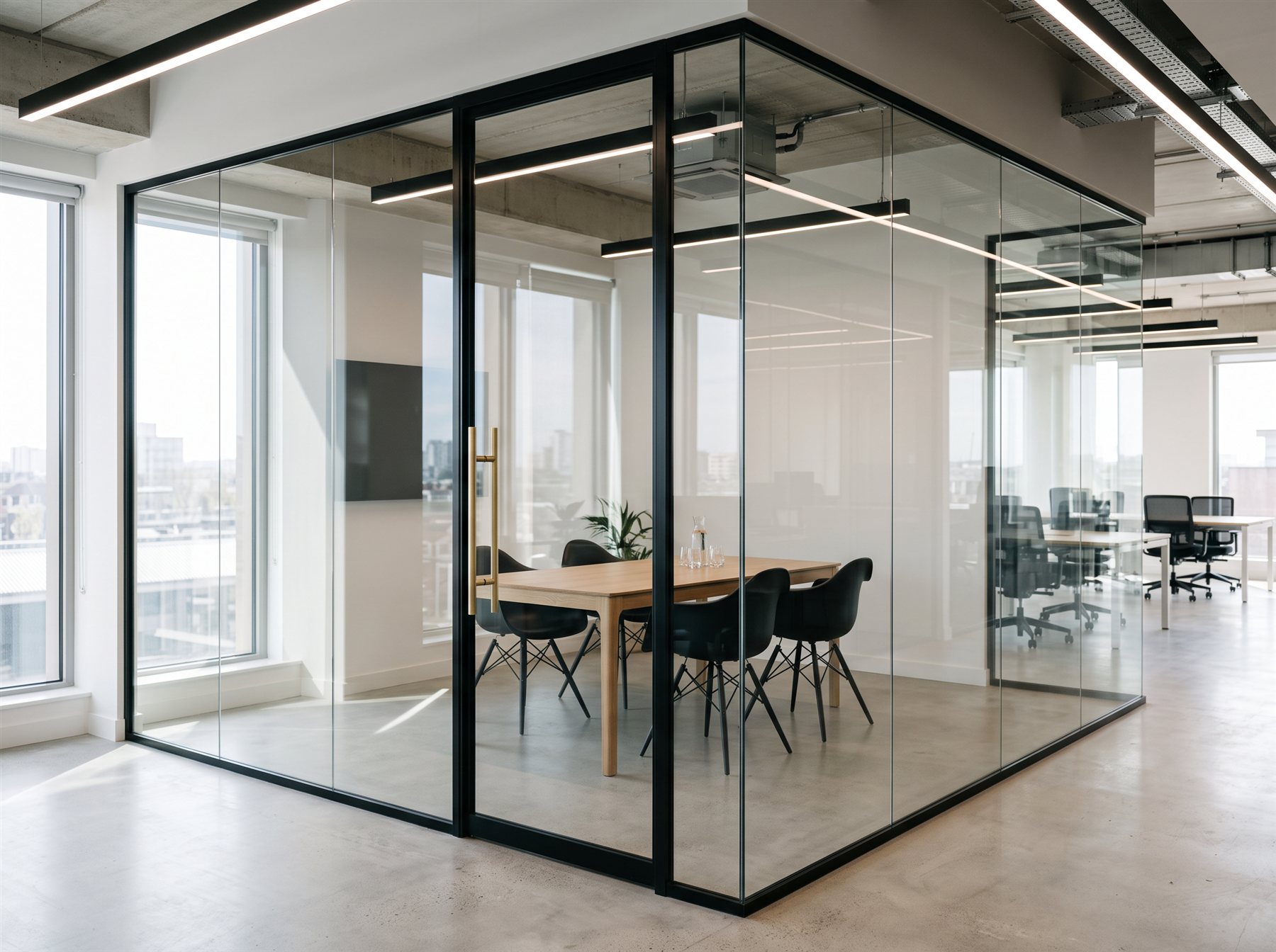 Floor to ceiling frameless glass office partition walls forming a glazed meeting room