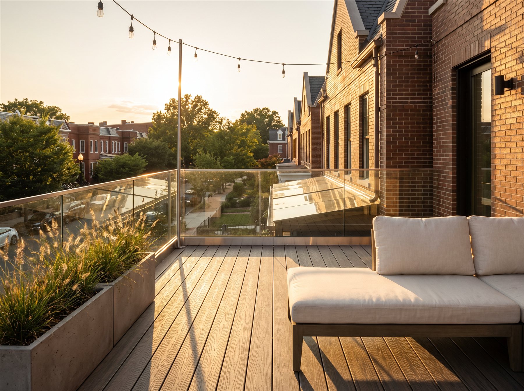 Frameless glass terrace railing on a Washington DC row house roof deck at golden hour